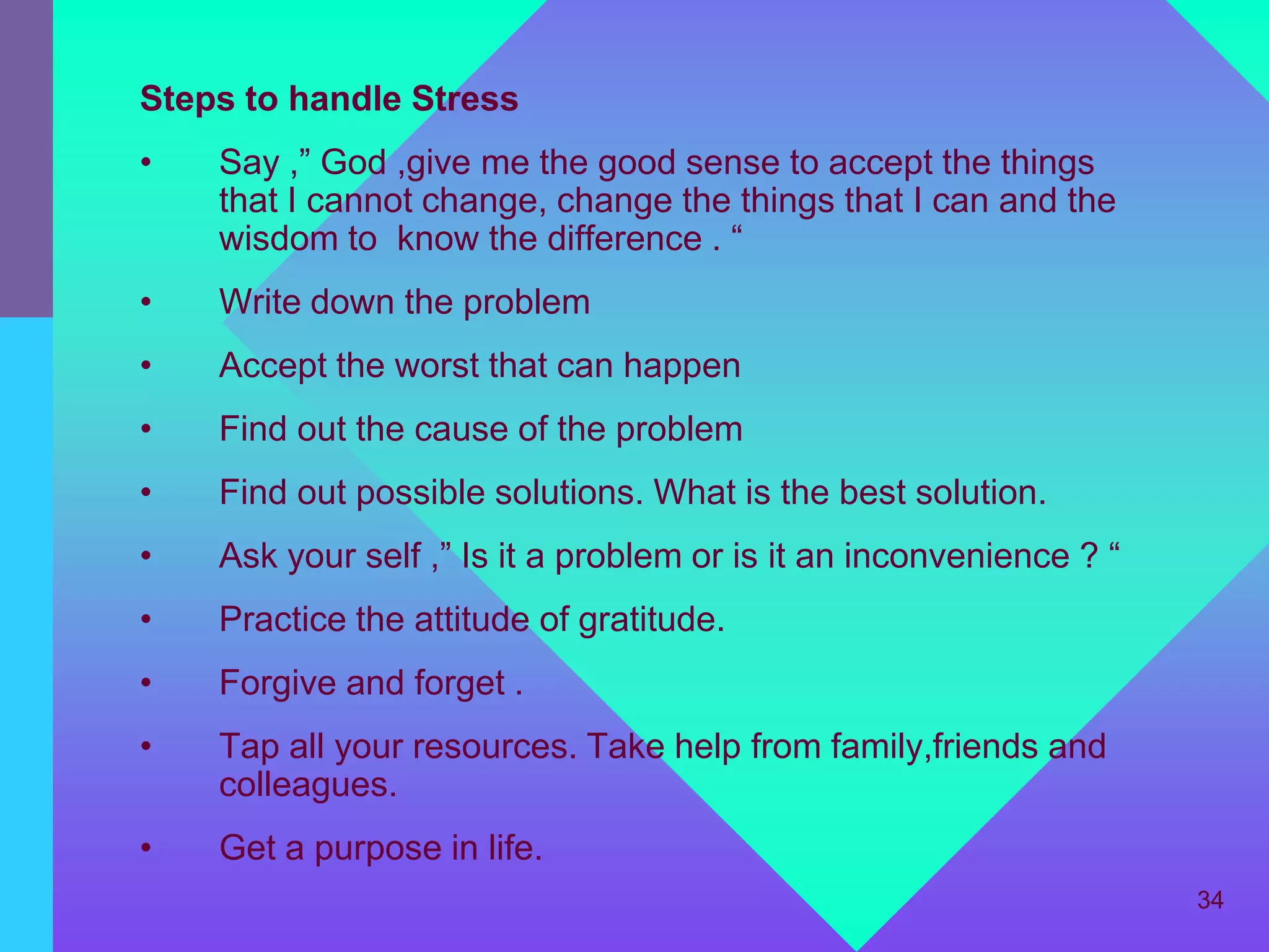 Steps to handle Stress
•   Say ,” God ,give me the good sense to accept the things
    that I cannot change, change the things that I can and the
    wisdom to know the difference . “
•   Write down the problem
•   Accept the worst that can happen
•   Find out the cause of the problem
•   Find out possible solutions. What is the best solution.
•   Ask your self ,” Is it a problem or is it an inconvenience ? “
•   Practice the attitude of gratitude.
•   Forgive and forget .
•   Tap all your resources. Take help from family,friends and
    colleagues.
•   Get a purpose in life.
                                                                     34
 