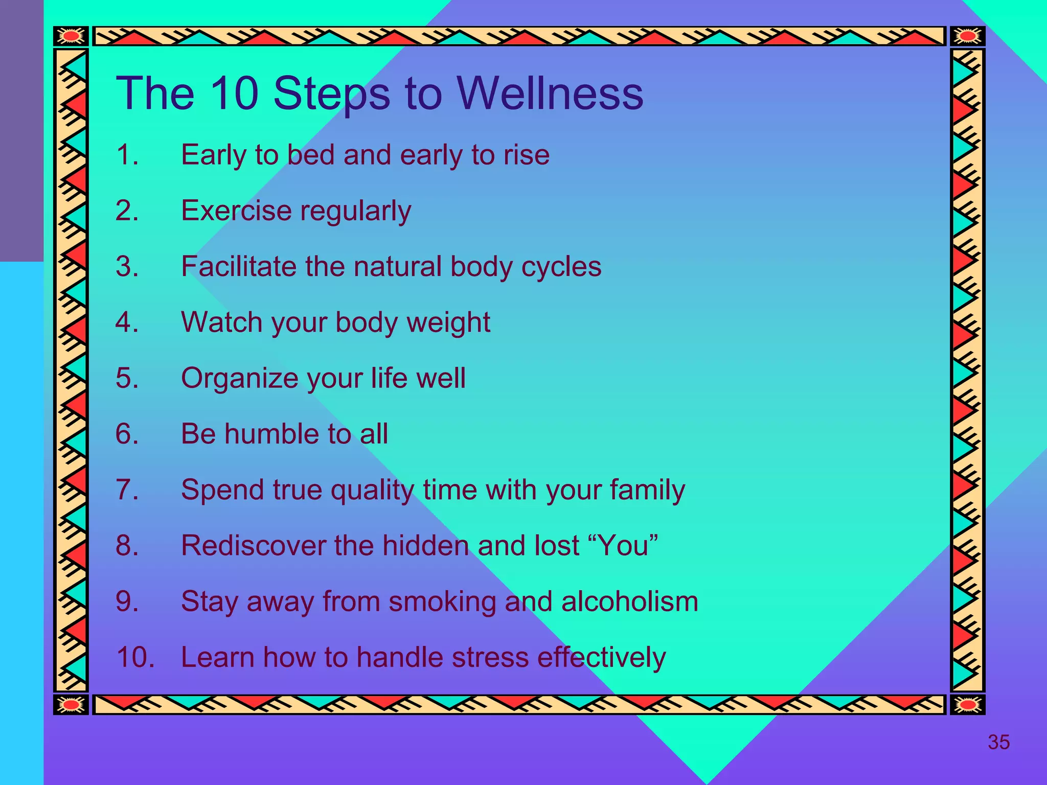 The 10 Steps to Wellness
1.   Early to bed and early to rise
2.   Exercise regularly
3.   Facilitate the natural body cycles
4.   Watch your body weight
5.   Organize your life well
6.   Be humble to all
7.   Spend true quality time with your family
8.   Rediscover the hidden and lost “You”
9.   Stay away from smoking and alcoholism
10. Learn how to handle stress effectively

                                                35
 