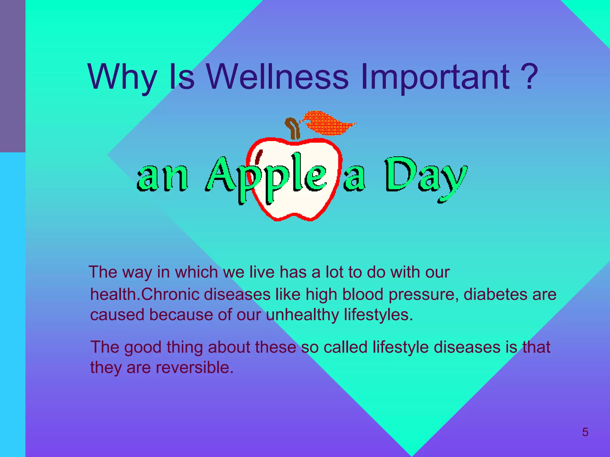 Why Is Wellness Important ?




The way in which we live has a lot to do with our
health.Chronic diseases like high blood pressure, diabetes are
caused because of our unhealthy lifestyles.
The good thing about these so called lifestyle diseases is that
they are reversible.


                                                                  5
 