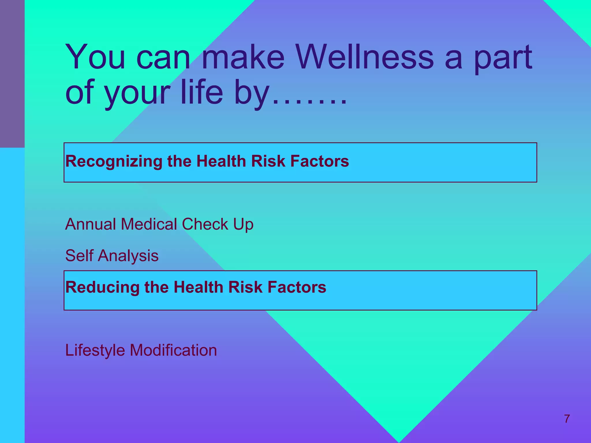 You can make Wellness a part
of your life by…….
Recognizing the Health Risk Factors


Annual Medical Check Up
Self Analysis
Reducing the Health Risk Factors


Lifestyle Modification



                                      7
 