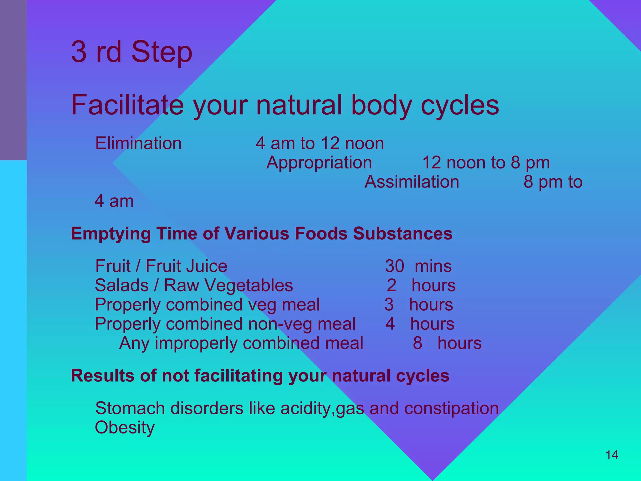 3 rd Step
Facilitate your natural body cycles
   Elimination        4 am to 12 noon
                       Appropriation      12 noon to 8 pm
                                   Assimilation        8 pm to
  4 am
Emptying Time of Various Foods Substances
  Fruit / Fruit Juice                 30 mins
  Salads / Raw Vegetables             2 hours
  Properly combined veg meal          3 hours
  Properly combined non-veg meal      4 hours
     Any improperly combined meal        8 hours
Results of not facilitating your natural cycles
  Stomach disorders like acidity,gas and constipation
  Obesity
                                                                 14
 