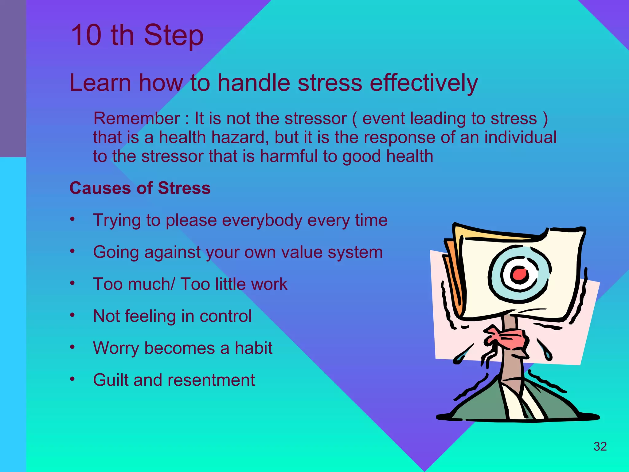 10 th Step
Learn how to handle stress effectively
    Remember : It is not the stressor ( event leading to stress )
    that is a health hazard, but it is the response of an individual
    to the stressor that is harmful to good health
Causes of Stress
•   Trying to please everybody every time
•   Going against your own value system
•   Too much/ Too little work
•   Not feeling in control
•   Worry becomes a habit
•   Guilt and resentment


                                                                       32
 