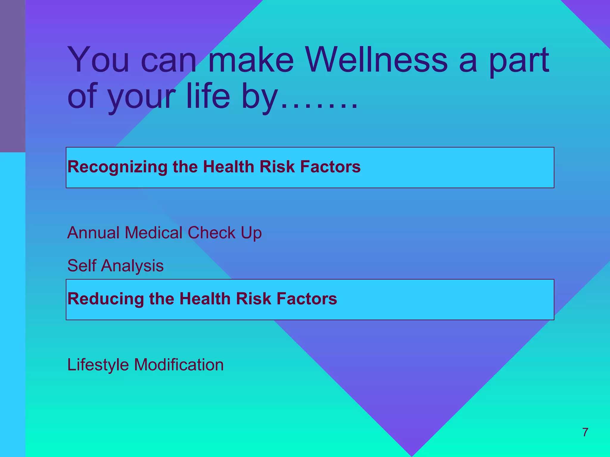 You can make Wellness a part
of your life by…….
Recognizing the Health Risk Factors


Annual Medical Check Up
Self Analysis
Reducing the Health Risk Factors


Lifestyle Modification


                                      7
 