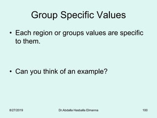Group Specific Values
• Each region or groups values are specific
to them.
• Can you think of an example?
8/27/2019 Dr.Abdalla Hasballa Elmanna 100
 