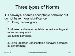 Three types of Norms
1. Folkways- address acceptable behavior but
do not have moral significance.
Ex: Using the wrong fork
2. Mores- address acceptable behavior with great
moral consequence.
Ex: Killing someone.
3. Laws- address unacceptable behavior enforced
by government.
8/27/2019 Dr.Abdalla Hasballa Elmanna 116
 