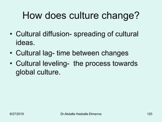 How does culture change?
• Cultural diffusion- spreading of cultural
ideas.
• Cultural lag- time between changes
• Cultural leveling- the process towards
global culture.
8/27/2019 Dr.Abdalla Hasballa Elmanna 120
 