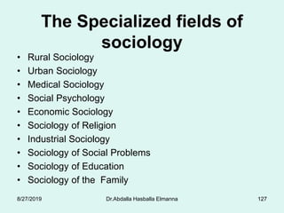 The Specialized fields of
sociology
• Rural Sociology
• Urban Sociology
• Medical Sociology
• Social Psychology
• Economic Sociology
• Sociology of Religion
• Industrial Sociology
• Sociology of Social Problems
• Sociology of Education
• Sociology of the Family
8/27/2019 Dr.Abdalla Hasballa Elmanna 127
 