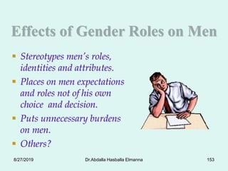Effects of Gender Roles on Men
 Stereotypes men’s roles,
identities and attributes.
 Places on men expectations
and roles not of his own
choice and decision.
 Puts unnecessary burdens
on men.
 Others?
8/27/2019 Dr.Abdalla Hasballa Elmanna 153
 