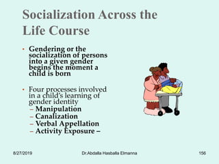 Socialization Across the
Life Course
• Gendering or the
socialization of persons
into a given gender
begins the moment a
child is born
• Four processes involved
in a child’s learning of
gender identity
– Manipulation
– Canalization
– Verbal Appellation
– Activity Exposure –
8/27/2019 Dr.Abdalla Hasballa Elmanna 156
 
