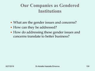 Our Companies as Gendered
Institutions
 What are the gender issues and concerns?
 How can they be addressed?
 How do addressing these gender issues and
concerns translate to better business?
8/27/2019 Dr.Abdalla Hasballa Elmanna 159
 