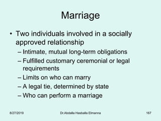 167
Marriage
• Two individuals involved in a socially
approved relationship
– Intimate, mutual long-term obligations
– Fulfilled customary ceremonial or legal
requirements
– Limits on who can marry
– A legal tie, determined by state
– Who can perform a marriage
8/27/2019 Dr.Abdalla Hasballa Elmanna
 