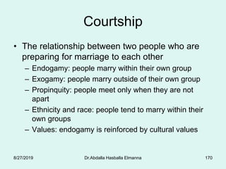 170
Courtship
• The relationship between two people who are
preparing for marriage to each other
– Endogamy: people marry within their own group
– Exogamy: people marry outside of their own group
– Propinquity: people meet only when they are not
apart
– Ethnicity and race: people tend to marry within their
own groups
– Values: endogamy is reinforced by cultural values
8/27/2019 Dr.Abdalla Hasballa Elmanna
 