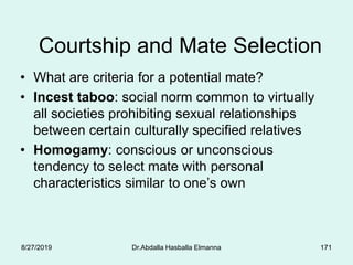 171
Courtship and Mate Selection
• What are criteria for a potential mate?
• Incest taboo: social norm common to virtually
all societies prohibiting sexual relationships
between certain culturally specified relatives
• Homogamy: conscious or unconscious
tendency to select mate with personal
characteristics similar to one’s own
8/27/2019 Dr.Abdalla Hasballa Elmanna
 