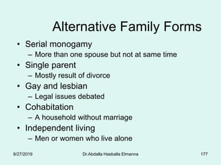 177
Alternative Family Forms
• Serial monogamy
– More than one spouse but not at same time
• Single parent
– Mostly result of divorce
• Gay and lesbian
– Legal issues debated
• Cohabitation
– A household without marriage
• Independent living
– Men or women who live alone
8/27/2019 Dr.Abdalla Hasballa Elmanna
 