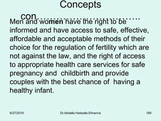 Men and women have the right to be
informed and have access to safe, effective,
affordable and acceptable methods of their
choice for the regulation of fertility which are
not against the law, and the right of access
to appropriate health care services for safe
pregnancy and childbirth and provide
couples with the best chance of having a
healthy infant.
Concepts
con…………………………..
8/27/2019 Dr.Abdalla Hasballa Elmanna 189
 