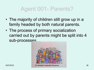 Agent 001- Parents?
• The majority of children still grow up in a
family headed by both natural parents.
• The process of primary socialization
carried out by parents might be split into 4
sub-processes…
8/27/2019 Dr.Abdalla Hasballa Elmanna 36
 