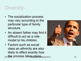 Diversity-
• The socialization process
may vary according to the
particular type of family
structure.
• An absent father may find it
difficult to act as a role-
model to his children.
• Factors such as social
class an ethnicity are also
likely to effect exactly how
the process takes place.8/27/2019 Dr.Abdalla Hasballa Elmanna 42
 