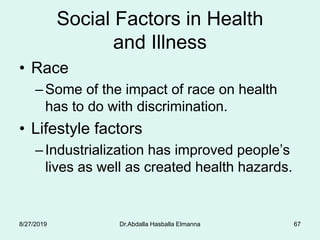 Social Factors in Health
and Illness
• Race
–Some of the impact of race on health
has to do with discrimination.
• Lifestyle factors
–Industrialization has improved people’s
lives as well as created health hazards.
8/27/2019 Dr.Abdalla Hasballa Elmanna 67
 