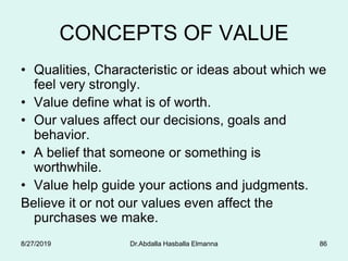 CONCEPTS OF VALUE
• Qualities, Characteristic or ideas about which we
feel very strongly.
• Value define what is of worth.
• Our values affect our decisions, goals and
behavior.
• A belief that someone or something is
worthwhile.
• Value help guide your actions and judgments.
Believe it or not our values even affect the
purchases we make.
8/27/2019 Dr.Abdalla Hasballa Elmanna 86
 