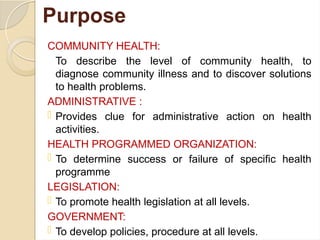 Purpose
COMMUNITY HEALTH:
To describe the level of community health, to
diagnose community illness and to discover solutions
to health problems.
ADMINISTRATIVE :
 Provides clue for administrative action on health
activities.
HEALTH PROGRAMMED ORGANIZATION:
 To determine success or failure of specific health
programme
LEGISLATION:
 To promote health legislation at all levels.
GOVERNMENT:
 To develop policies, procedure at all levels.
 