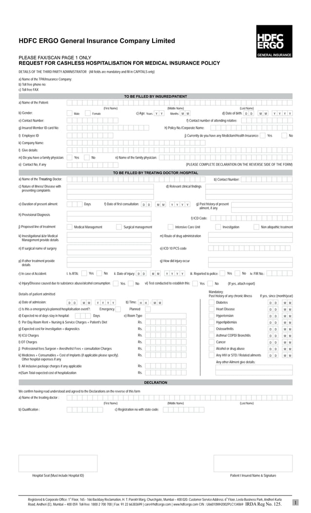 Health Suraksha Health Insurance Claim Form HDFC ERGO PDF
