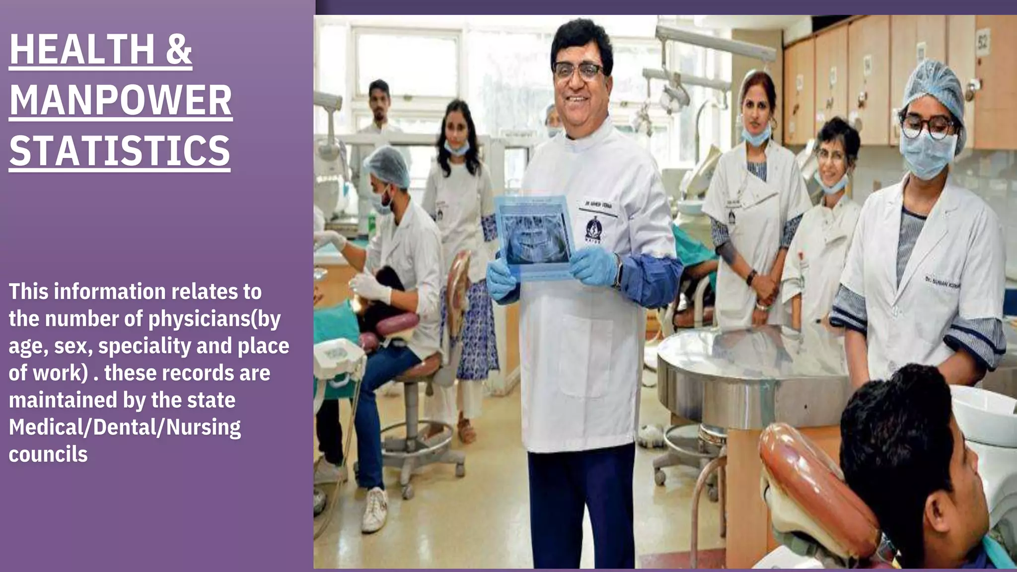 HEALTH &
MANPOWER
STATISTICS
This information relates to
the number of physicians(by
age, sex, speciality and place
of work) . these records are
maintained by the state
Medical/Dental/Nursing
councils
36
 