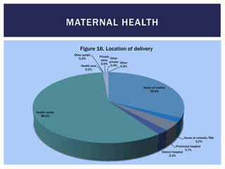 MATERNAL HEALTH

                     Figure 16. Location of delivery
                 Other public
                                    Private
                    0.2%                     Other
                                     clinic
                                            private Other
                                     0.6%
                      Health post            0.4% 0.2%
                        0.2%




                                                            Home of mother
                                                               32.4%




Health center
   58.2%




                                                                                        Home of midwife/TBA
                                                                                               2.0%
                                                                                  Provincial hospital
                                                                                         3.7%
                                                                       District hospital
                                                                             2.2%
 