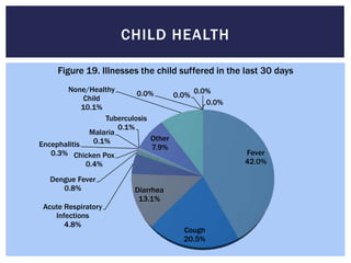 CHILD HEALTH

     Figure 19. Illnesses the child suffered in the last 30 days
       None/Healthy                         0.0%
                             0.0%      0.0%
              Child
                                               0.0%
             10.1%
                    Tuberculosis
                        0.1%
                Malaria
                 0.1%            Other
Encephalitis                     7.9%
   0.3% Chicken Pox                                   Fever
               0.4%                                   42.0%

   Dengue Fever
      0.8%                Diarrhea
                           13.1%
 Acute Respiratory
    Infections
       4.8%
                                        Cough
                                        20.5%
 
