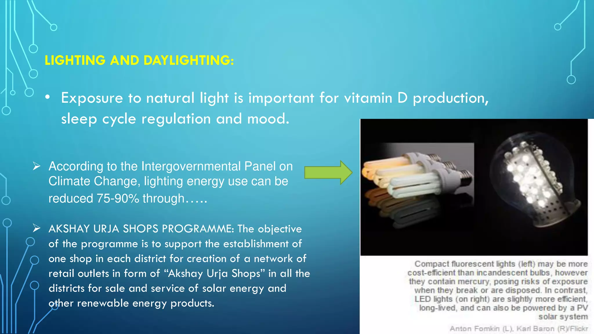 LIGHTING AND DAYLIGHTING:
• Exposure to natural light is important for vitamin D production,
sleep cycle regulation and mood.
 According to the Intergovernmental Panel on
Climate Change, lighting energy use can be
reduced 75-90% through…..
 AKSHAY URJA SHOPS PROGRAMME: The objective
of the programme is to support the establishment of
one shop in each district for creation of a network of
retail outlets in form of “Akshay Urja Shops” in all the
districts for sale and service of solar energy and
other renewable energy products.
 
