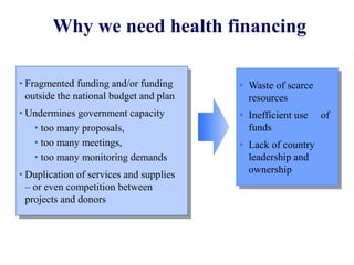 • Fragmented funding and/or funding
outside the national budget and plan
• Undermines government capacity
• too many proposals,
• too many meetings,
• too many monitoring demands
• Duplication of services and supplies
– or even competition between
projects and donors
• Waste of scarce
resources
• Inefficient use of
funds
• Lack of country
leadership and
ownership
Why we need health financing
 