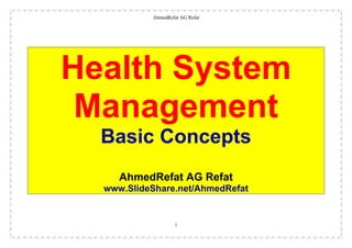AhmedRefat AG Refat
1
Health System
Management
Basic Concepts
AhmedRefat AG Refat
www.SlideShare.net/AhmedRefat
 