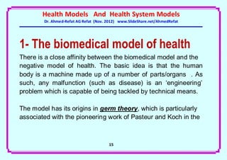 Health Models And Health System Models
        Dr. Ahmed-Refat AG Refat (Nov. 2012) www.SlideShare.net/AhmedRefat




1- The biomedical model of health
There is a close affinity between the biomedical model and the
negative model of health. The basic idea is that the human
body is a machine made up of a number of parts/organs . As
such, any malfunction (such as disease) is an ‘engineering’
problem which is capable of being tackled by technical means.

The model has its origins in germ theory, which is particularly
associated with the pioneering work of Pasteur and Koch in the



                                       15
 