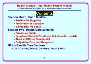 Health Models And Health System Models
       Dr. Ahmed-Refat AG Refat (Nov. 2012) www.SlideShare.net/AhmedRefat


                             Contents
Section One : Health Models
     Positive Vs Negative
     Preventive Vs Curative
     Biomedical Vs social
Section Two: Health Care systems
     Private vs Public
     Beveridge, Bismark,Private and Out-of-pocket models
     Tired vs Diffuse Care Model
     Outpatient Care and Hospitals
Global Health Care Systems
   UK – Canada, France, Germany, Japan & USA.


                                       2
 