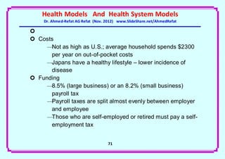 Health Models And Health System Models
     Dr. Ahmed-Refat AG Refat (Nov. 2012) www.SlideShare.net/AhmedRefat


 Costs
     —Not as high as U.S.; average household spends $2300
      per year on out-of-pocket costs
     —Japans have a healthy lifestyle – lower incidence of
      disease
 Funding
     —8.5% (large business) or an 8.2% (small business)
      payroll tax
     —Payroll taxes are split almost evenly between employer
      and employee
     —Those who are self-employed or retired must pay a self-
      employment tax


                                    71
 