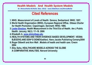 Health Models And Health System Models
        Dr. Ahmed-Refat AG Refat (Nov. 2012) www.SlideShare.net/AhmedRefat


                        Cited References
1. WHO. Measurement of Levels of Health. Geneva, Switzerland: WHO; 1957.
2. World Health Organization (WHO), European Regional Office. Ottawa Charter
   for Health Promotion. Copenhagen, Denmark: WHO; 1986.
3. Lester Breslow, Health Measurement in the Third Era of Health. Am J Public
   Health. January; 96(1): 17–19. 2006
4. Elizabeth A. www.ololcollege.edu
5. HEALTH SYSTEMS AND THEIR EVIDENCE BASED DEVELOPMENT. VESNA
   BJEGOVI] AND DON^O DONEV(editor). Hans Jacobs Publishing Comany2004
6. Roger Ottewill and Ann Wall . Models of health and health care. Crwon
   2004
7. Sibu Saha, HEALTHCARE MODELS ACROSS THE GLOBE
   A COMPARATIVE ANALYSIS. Harvard University


                                       85
 