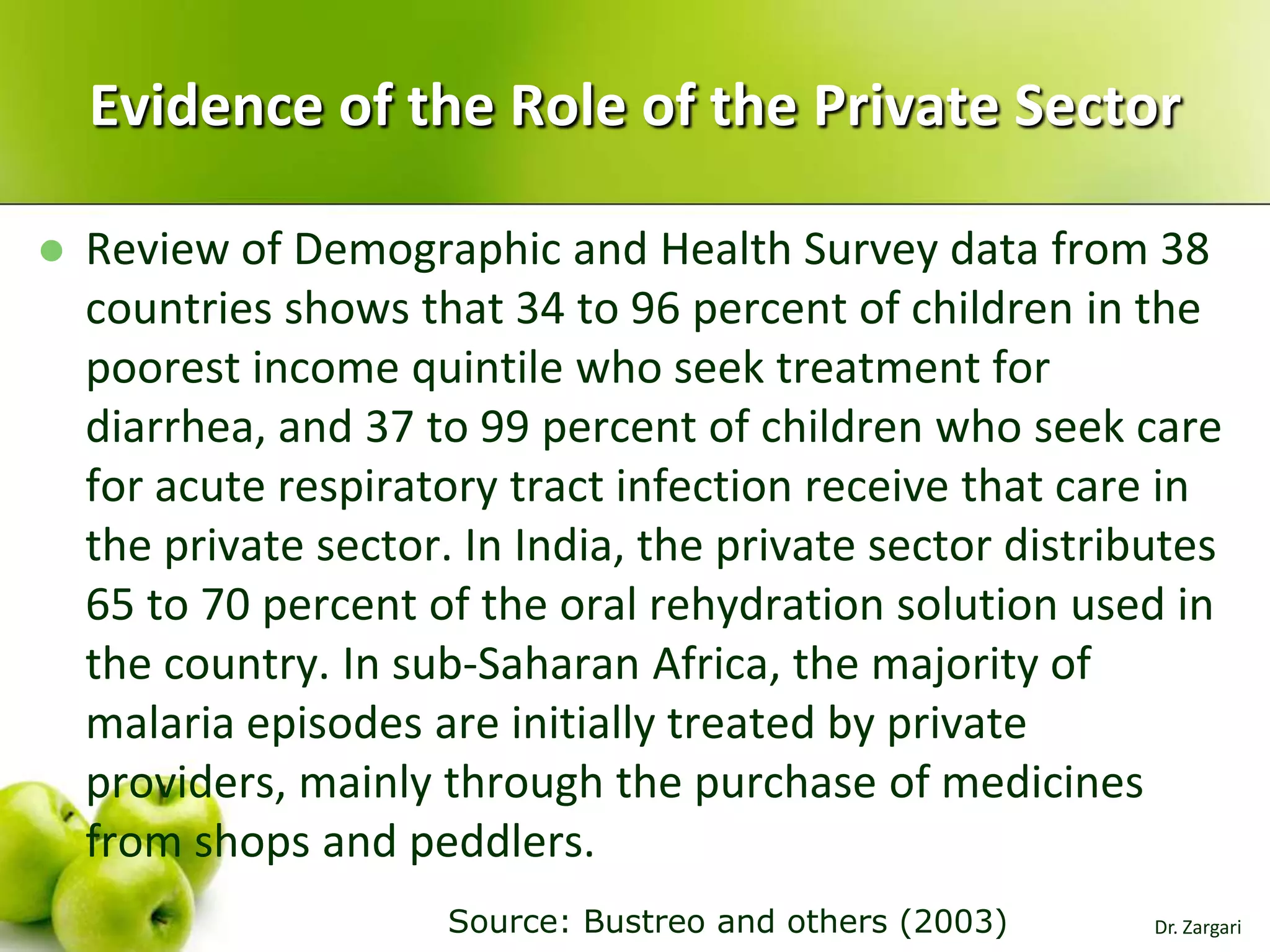 Evidence of the Role of the Private Sector


Review of Demographic and Health Survey data from 38
countries shows that 34 to 96 percent of children in the
poorest income quintile who seek treatment for
diarrhea, and 37 to 99 percent of children who seek care
for acute respiratory tract infection receive that care in
the private sector. In India, the private sector distributes
65 to 70 percent of the oral rehydration solution used in
the country. In sub-Saharan Africa, the majority of
malaria episodes are initially treated by private
providers, mainly through the purchase of medicines
from shops and peddlers.
Source: Bustreo and others (2003)

Dr. Zargari

 
