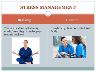 Relaxing Humor
This can be done by listening
music, breathing , exercise,yoga,
reading book etc.
STRESS MANAGEMENT
Laughter lightens both mind and
body.
 