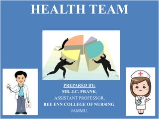 HEALTH TEAM
PREPARED BY:
MR. J.C. FRANK,
ASSISTANT PROFESSOR,
BEE ENN COLLEGE OF NURSING,
JAMMU.
 