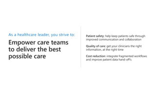 Empower care teams
to deliver the best
possible care
As a healthcare leader, you strive to: Patient safety: help keep patients safe through
improved communication and collaboration
Quality of care: get your clinicians the right
information, at the right time
Cost reduction: integrate fragmented workflows
and improve patient data hand-off’s
 