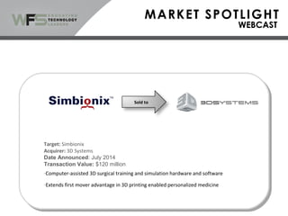 Sold to
Target: Simbionix
Acquirer: 3D Systems
Date Announced: July 2014
Transaction Value: $120 million
-Computer-assisted 3D surgical training and simulation hardware and software
-Extends first mover advantage in 3D printing enabled personalized medicine
 