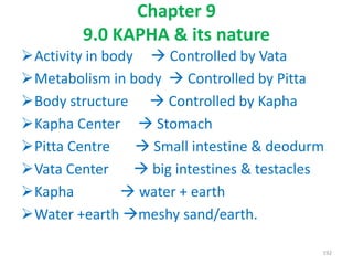 Chapter 9
9.0 KAPHA & its nature
Activity in body  Controlled by Vata
Metabolism in body  Controlled by Pitta
Body structure  Controlled by Kapha
Kapha Center  Stomach
Pitta Centre  Small intestine & deodurm
Vata Center  big intestines & testacles
Kapha  water + earth
Water +earth meshy sand/earth.
192
 