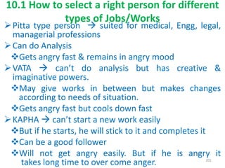Pitta type person  suited for medical, Engg, legal,
managerial professions
Can do Analysis
Gets angry fast & remains in angry mood
VATA  can’t do analysis but has creative &
imaginative powers.
May give works in between but makes changes
according to needs of situation.
Gets angry fast but cools down fast
KAPHA  can’t start a new work easily
But if he starts, he will stick to it and completes it
Can be a good follower
Will not get angry easily. But if he is angry it
takes long time to over come anger.
10.1 How to select a right person for different
types of Jobs/Works
201
 