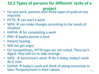 • For any work, persons with three types of prakruti are
required.
• PITTA  can start a work
• VATA  can make changes according to the needs of
situation
• KAPHA  for completing a work
• PRO  kapha person is best
• Patient hearing
• Will not get angry
• For competitions, PITTA type are not suited. They can’t
digest. they will try to take revenge.
• VATA  tomorrow’s work  do it today, today’s work
do it now.
• KAPHA  today’s work will think of doing tomorrow or
later. Postponement is their nature.
10.2 Types of persons for different tasks of a
project
202
 