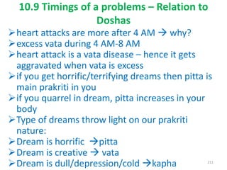 heart attacks are more after 4 AM  why?
excess vata during 4 AM-8 AM
heart attack is a vata disease – hence it gets
aggravated when vata is excess
if you get horrific/terrifying dreams then pitta is
main prakriti in you
if you quarrel in dream, pitta increases in your
body
Type of dreams throw light on our prakriti
nature:
Dream is horrific pitta
Dream is creative  vata
Dream is dull/depression/cold kapha
10.9 Timings of a problems – Relation to
Doshas
211
 