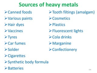 Sources of heavy metals
Canned foods
Various paints
Hair dyes
Vaccines
Tyres
Car fumes
Solder
Cigarettes
Synthetic body formula
Batteries 336
Tooth filtings (amalgam)
Cosmetics
Plastics
Fluorescent lights
Cola drinks
Marganine
Confectionery
 