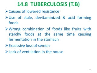 14.8 TUBERCULOSIS (T.B)
Causes of lowered resistance
Use of stale, devitaminized & acid forming
foods
Wrong combination of foods like fruits with
starchy foods at the same time causing
fermentation in the stomach
Excessive loss of semen
Lack of ventilation in the house
355
 
