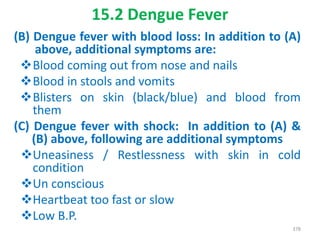 15.2 Dengue Fever
(B) Dengue fever with blood loss: In addition to (A)
above, additional symptoms are:
Blood coming out from nose and nails
Blood in stools and vomits
Blisters on skin (black/blue) and blood from
them
(C) Dengue fever with shock: In addition to (A) &
(B) above, following are additional symptoms
Uneasiness / Restlessness with skin in cold
condition
Un conscious
Heartbeat too fast or slow
Low B.P.
378
 