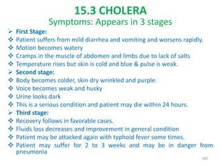 15.3 CHOLERA
Symptoms: Appears in 3 stages
 First Stage:
 Patient suffers from mild diarrhea and vomiting and worsens rapidly.
 Motion becomes watery
 Cramps in the muscle of abdomen and limbs due to lack of salts
 Temperature rises but skin is cold and blue & pulse is weak.
 Second stage:
 Body becomes colder, skin dry wrinkled and purple.
 Voice becomes weak and husky
 Urine looks dark
 This is a serious condition and patient may die within 24 hours.
 Third stage:
 Recovery follows in favorable cases.
 Fluids loss decreases and improvement in general condition
 Patient may be attacked again with typhoid fever some times.
 Patient may suffer for 2 to 3 weeks and may be in danger from
pneumonia
382
 