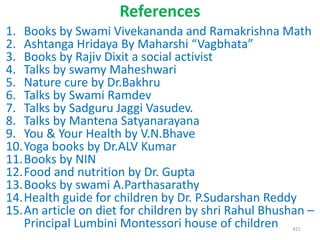 References
1. Books by Swami Vivekananda and Ramakrishna Math
2. Ashtanga Hridaya By Maharshi “Vagbhata”
3. Books by Rajiv Dixit a social activist
4. Talks by swamy Maheshwari
5. Nature cure by Dr.Bakhru
6. Talks by Swami Ramdev
7. Talks by Sadguru Jaggi Vasudev.
8. Talks by Mantena Satyanarayana
9. You & Your Health by V.N.Bhave
10.Yoga books by Dr.ALV Kumar
11.Books by NIN
12.Food and nutrition by Dr. Gupta
13.Books by swami A.Parthasarathy
14.Health guide for children by Dr. P.Sudarshan Reddy
15.An article on diet for children by shri Rahul Bhushan –
Principal Lumbini Montessori house of children 421
 