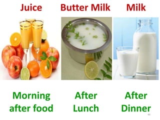 46
Juice Butter Milk Milk
Morning
after food
After
Lunch
After
Dinner
 